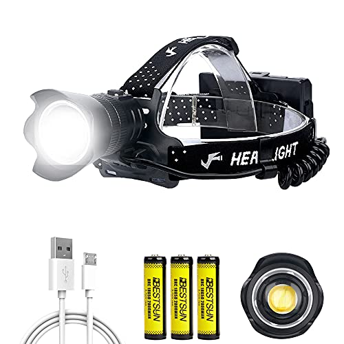 Lampe Frontale LED Rechargeable, Super Lumineuse 15000 Lumens Zoomable XHP90.2 Torche Frontale avec 3 Modes, Lampe Frontale Étanche pour Chasse, Pêche, Camping, 3x 18650 Piles Incluses
