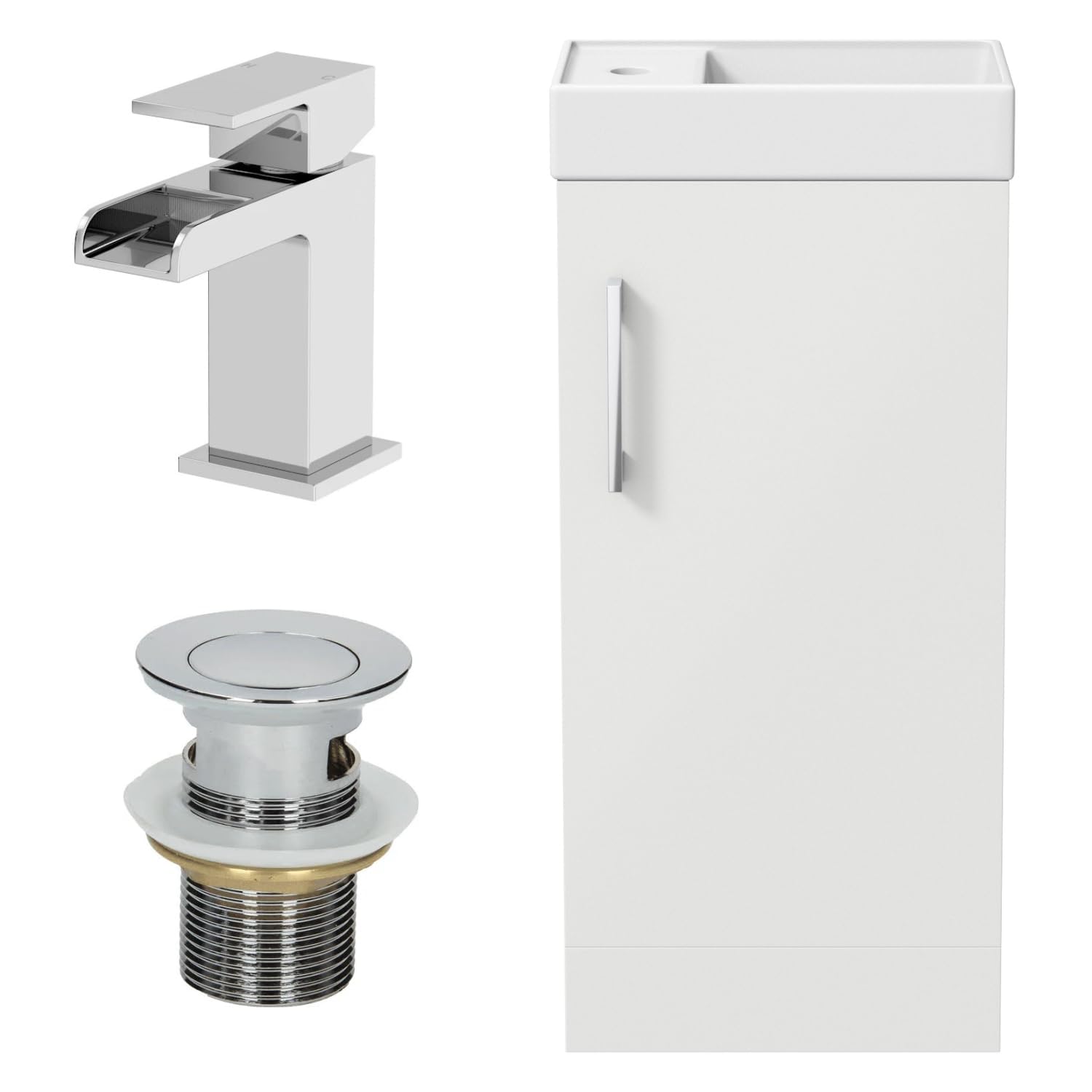 BAYSTONE 400mm Bathroom Vanity Unit Ceramic Wash Sink Floorstanding Storage Cabinet Reversible Soft Close Cupboard & Chrome Waterfall Basin Mixer Tap & Waste Set, White Gloss — image 1