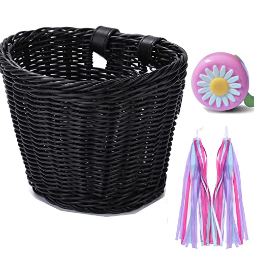 Bike Basket Kid Bicycle Basket Bike Accessories, 1pc Bicycle Bell with Stickers, 1pc Kid Bicycle Front Basket and 1pairs Colorful Ribbons Tassels Decoration for Girl Boy (Black)