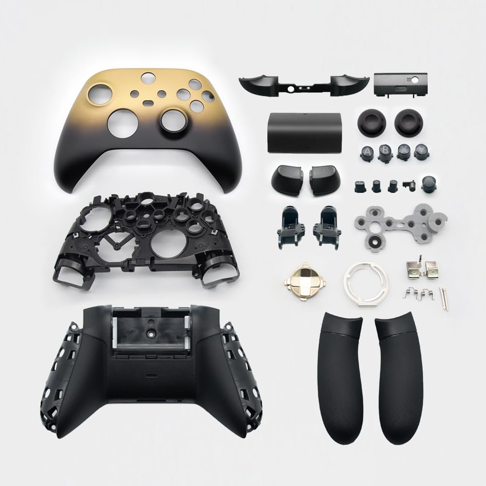 Hzxkqmil Guscio di Ricambio Kit Custodia Completa per Xbox Series X/S Controller - Edizione Speciale Gold, Piastre di Copertura Anteriori Guscio Posteriore Guide Laterali Parti dei Pulsanti