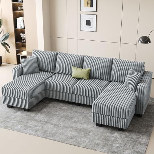 Belffin U Shaped Couch with Reversible Chaises Sectional Couches for Living Room Sectional Couch with Ottomans Corduroy (Light Grey, U Shaped) Light Grey U Shaped