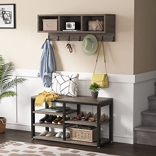 Image of Tribesigns Coat Rack Shoe Bench Set Industrial, Hall Tree with 3 Storage Cubbies, 7 Hooks for Entryway, Hallway, 5-in-1Design, Vintage Grey