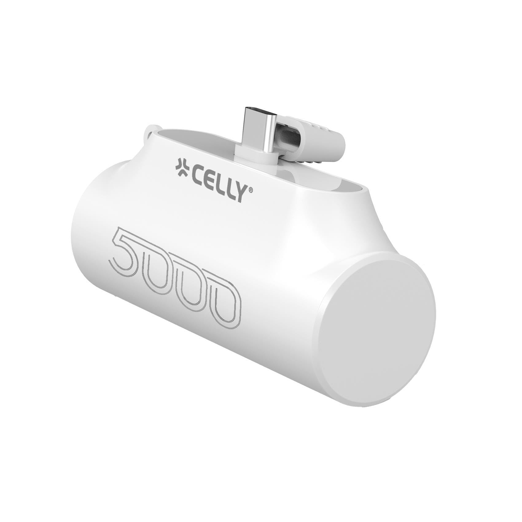Celly, Powerbank Compatto con Connettore USB-C Integrato e Capacità di 5000mAh, Ricarica Rapida, Caricatore Portatile Universale per Smartphone, Colore Bianco