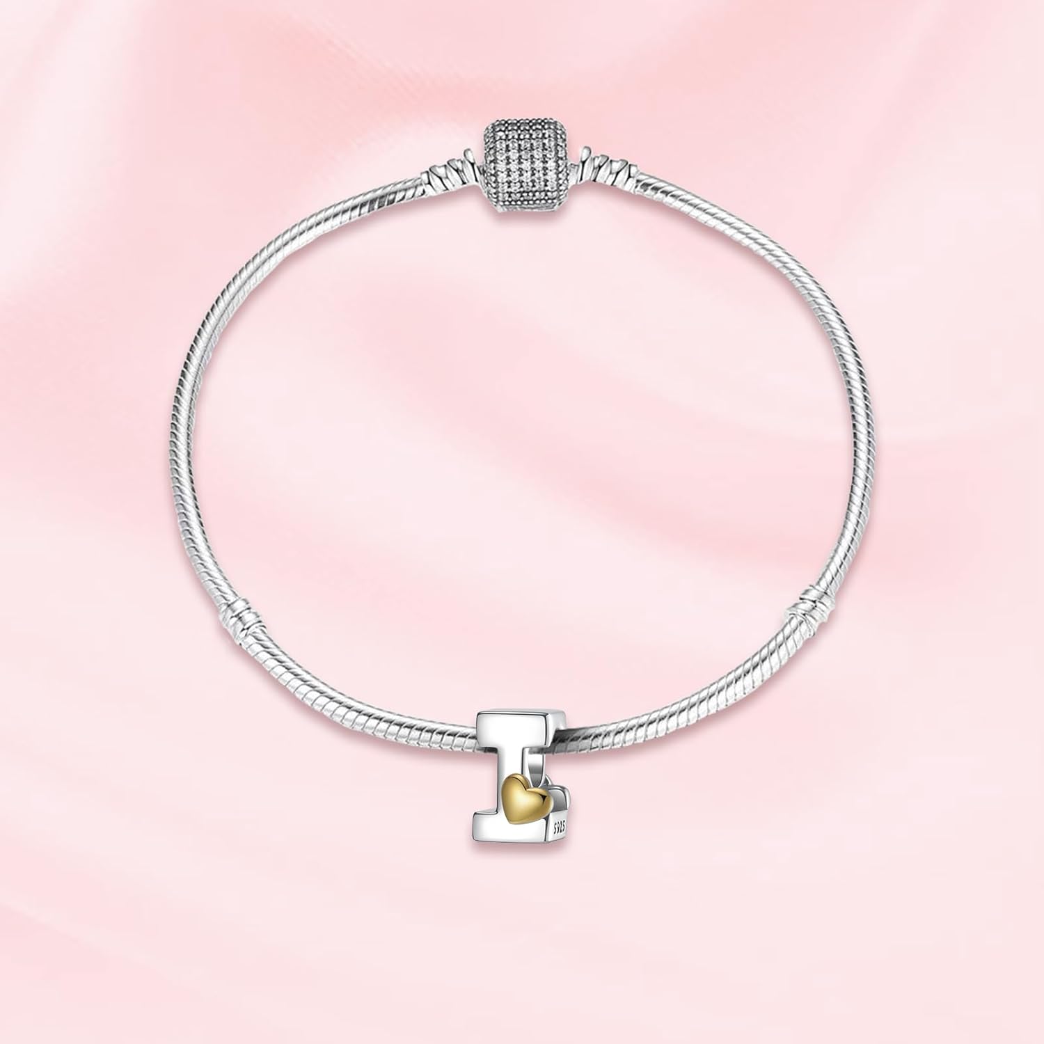 A~Z Alphabet Charm Letter Beads 925 Sterling Silver with Heart-shaped 5A Cubic Zircon Stones fits Pandora European Bracelets Necklace Jewelry Gift for Women - Image 3