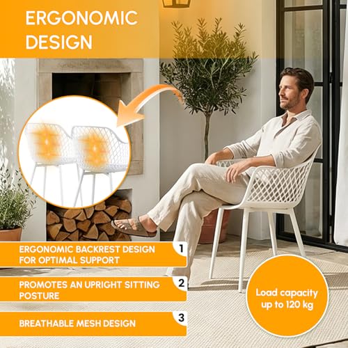 buybyroom Gartenstühle 4er Set, Gartenstuhl Kunststoff mit Armlehne,Gartensessel Wetterfest Loungesessel Outdoor für Garten, Balkonstühle Terrassenstühle Bistrostuhl Balkonmöbel Kleiner Balkon,Weiß