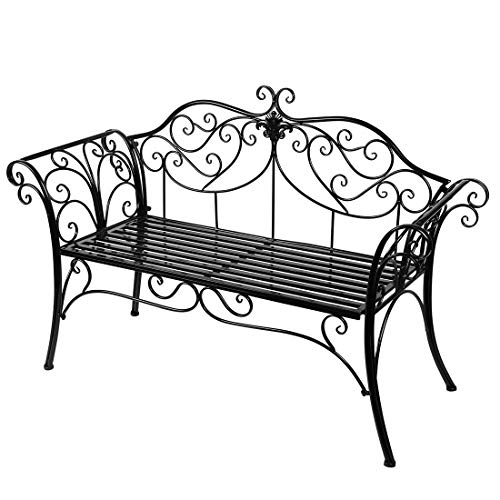 Banco de jardín de hierro forjado exterior estilo retro para terraza, balcón, parque, 2 plazas (negro)