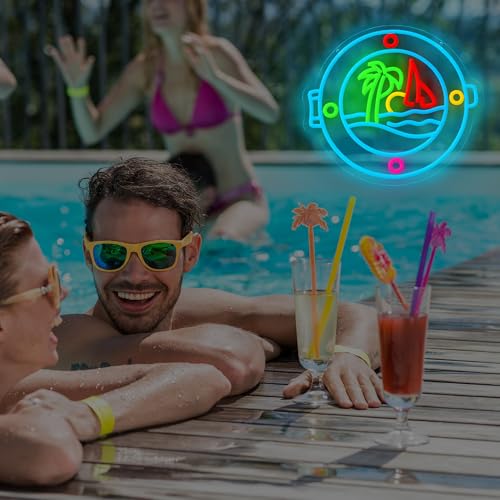 Image of Ship Porthole Neon Sign,Ocean Palm Tree Sign, Summer Holiday Led Light Up for Room Decor, Tropical Island Led Sign For Wall Decor Party Decor Gifts