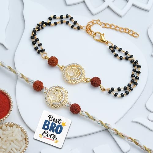 Image of eCraftIndia Om Rudraksha Designer Bhaiya Bhabhi Rakhis with Best Bro Ever Fridge Magnet | Set of 2 Rakhi for Brother and Bhabhi | Lumba Rakhi | Roli Chawal Pack