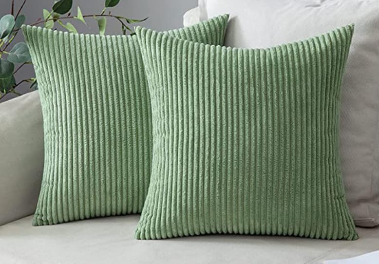 Seechoo Corduroy Cushion Covers, Set of 2, 45 x 45 cm, Striped, with Invisible Zipper, 18 x 18 Inch (Sage Green)