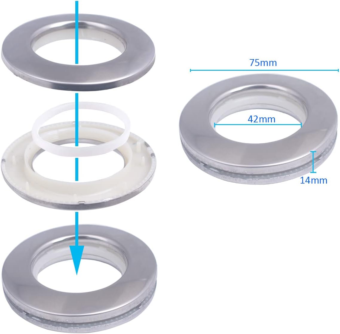 20 Pack Stainless Steel Curtain Grommets, 2 in 1 Metal Curtain Ring Eyelets Metal Grommet ABS Plastic Curtain Eyelet Clips,1.65" 42mm Inner Diameter for Window Drapery Tape (20-Pack Silver)