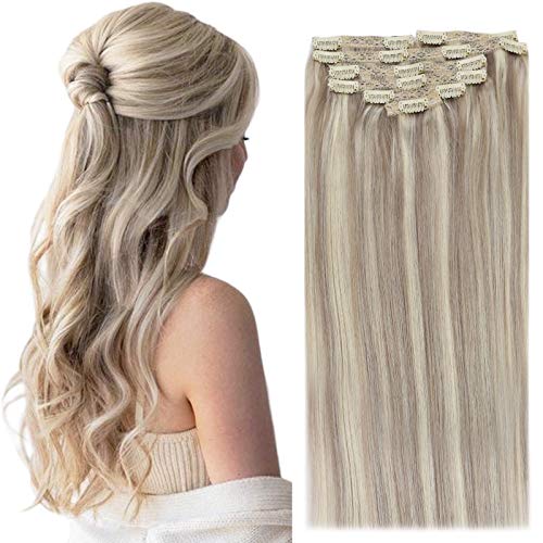 VeSunny Dirty Blonde Highlight Clip in Hair Extensions Piano Color #20 Mix #60 Platinum Blonde Remy Full Head Human Hair Clip in Extensions Grade 7A 14inch 7pcs/120g