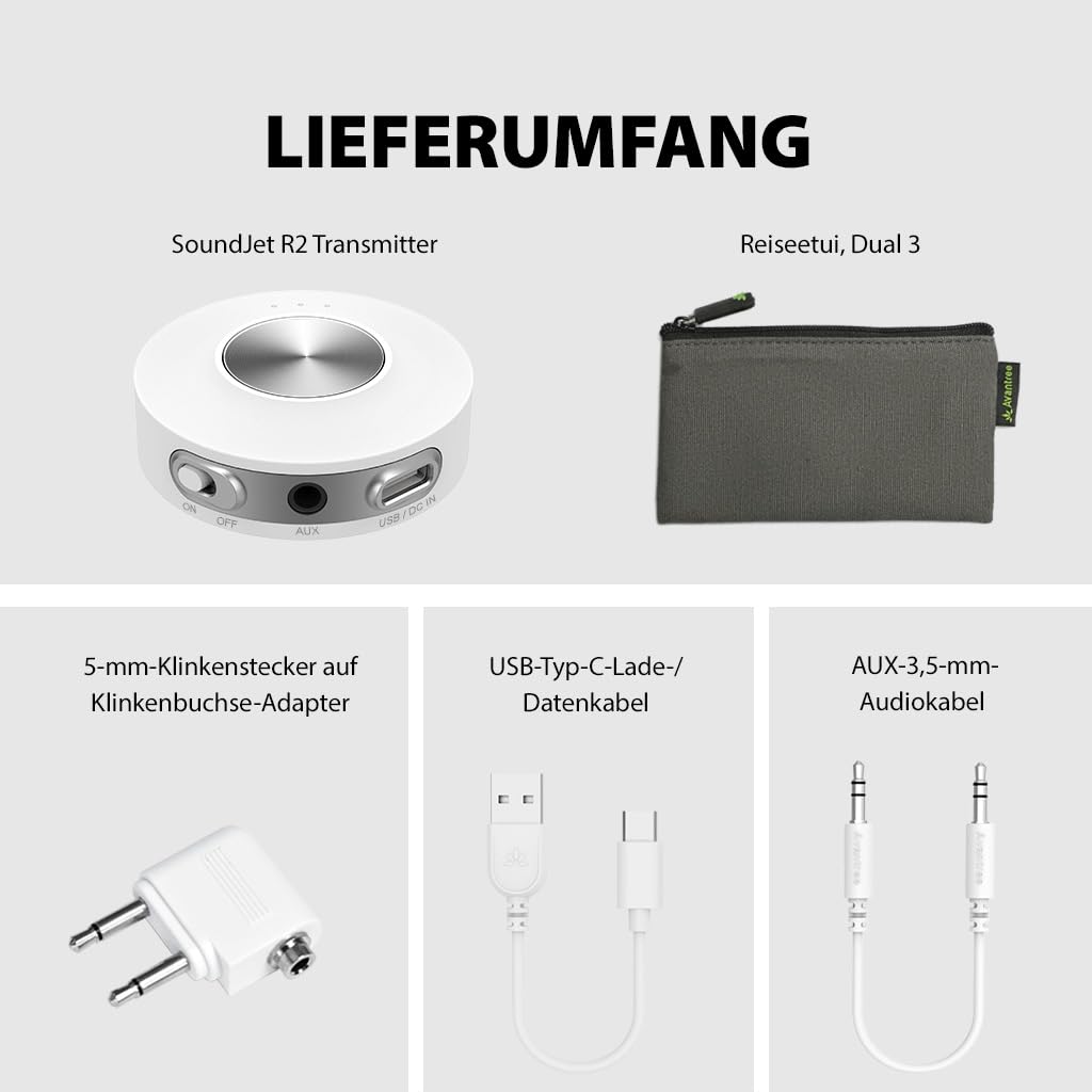 Avantree SoundJet R2 – Bluetooth 5.3-Adapter für Flugzeug und PC, unterstützt Airpods (Pro) und Bluetooth-Kopfhörer, aptX Adaptive & Low Latency, kabelloser Audiosender für den Flug