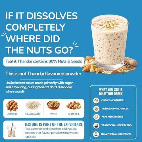 Image of TeaFit Zero Sugar High Protein Thandai Powder 200g - 18 Servings | Traditional 16 Ingredient Nuts, Seeds & Spice Blend | Ingredient Dense Summer Cooler | Add to Milk | No Artificial Flavors & Chemicals