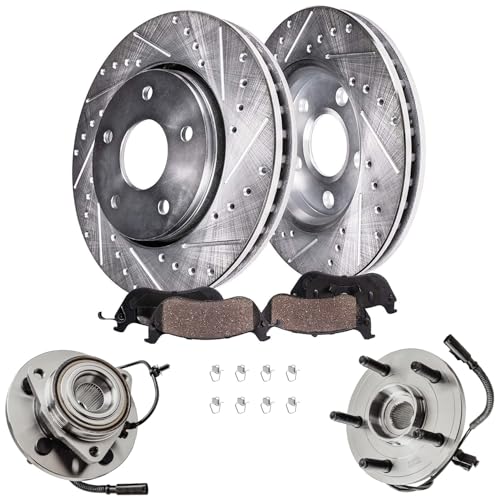 Image of Detroit Axle Replacement for Dodge Dakota /Mitsubishi Raider Front Drilled & Slotted Disc Brake Rotor Pad + Wheel Hub Bearing w /ABS - 6pc Set