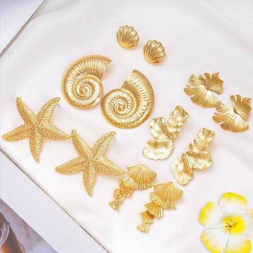 6 Pairs Gold Statement Earrings Seashell Starfish Conch Stud Ginkgo Sectored Flower Leaf Drop Earring Vintage Boho Ocean Jewelry Beach Summer Earrings for Women3