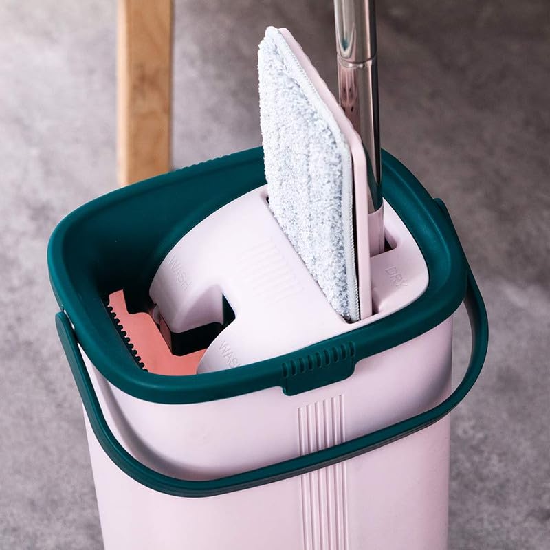 YORK Hands-Free Squeeze Microfiber Flat Spin Mop System 360° Flexible Head (32X12 cm) with Bucket, 59.8'' Extended Stainless Steel Handle with with Extra 1 Super-Absorbent Reusable Microfiber Pads 3