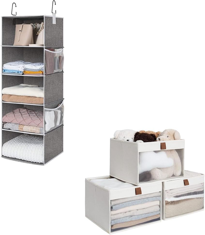 StorageWorks 5-Shelf Jumbo Hanging Storage Closet with Foldable Clothing Bins for Shelves