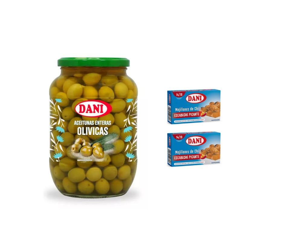 DANI Aceitunas Gourmet - Chupadedos, Aliño Casero, Olivicas y más - Sabor Tradicional 850ml + Regalos con 3 Und (3 Botes 850ml + 2 Latas Mejillones, Aceitunas olivicas entera)