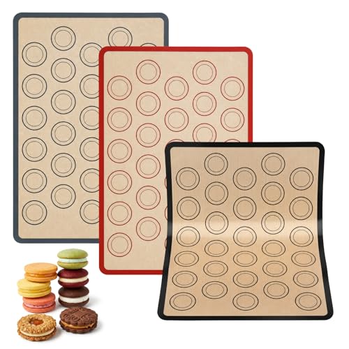 3 Stück Silikon Backmatte für Macaron 42 x 29.5 cm Macarons Backmatte mit Führungsringen BPA Frei Antihaft & Rutschfest Antihaft Backunterlage für Macarons Kekse Gebäck (Dunkelgrau/Schwarz/Rot)
