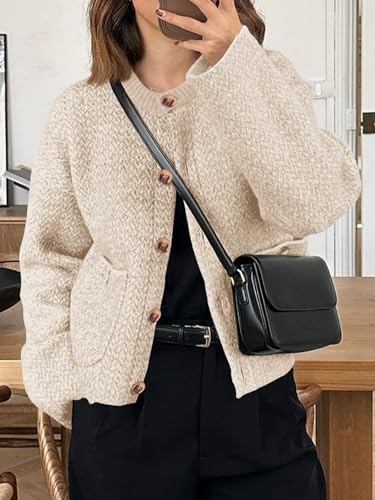 Image of Saodimallsu Womens Cropped Knit Cardigans Fall Crewneck Button Long Sleeve Open Front Soft Sweater Jackets
