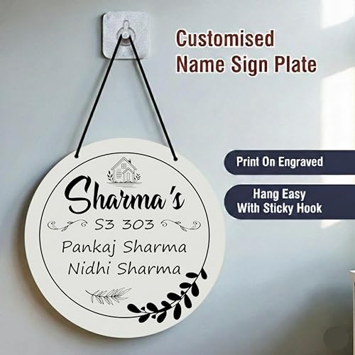 Image of P Arts Personalized Door Name Plate for Home Entrance Round Shaped 10x10 Inch Name plate for home entrance, Door name plates MDF Wood, Black & White (Engraved-02)