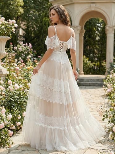 Image of Spaghetti Chiffon Beach Wedding Dress V Neck A line Bridal Gowns Lace Plus Size Wedding Dress