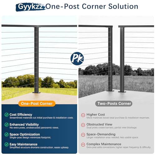 Image of 42 inch L-Drilled Corner Cable Railing Post, Two-Side Holes Stainless Steel T304 Corner Rail Post, Upgraded Black One-Post Corner Solution, Wire Metal Post for Indoor Outdoor Corner Railing