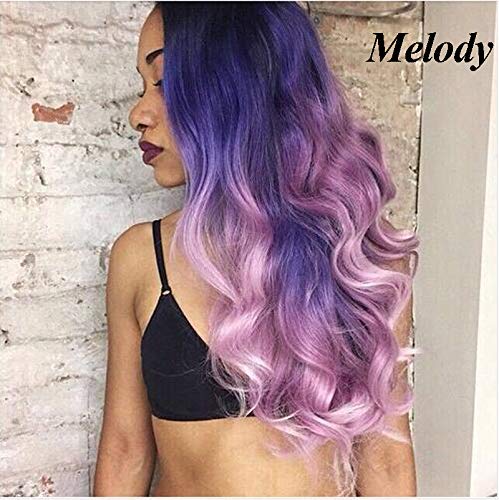 Synthetic Lace Front Wigs Purple To Pink 2T Natural Wave With Dark Roots Free Part 180% Density Half Hand Tied Heat Resistant Fiber Hair for Women 24''