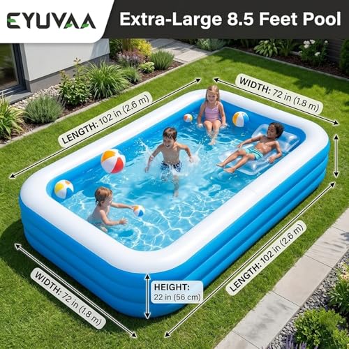 Image of EYUVAA LABEL Rectangular Inflatable Pool for Kids & Toddlers Extra-Large 8.5 Feet 3 Air Chamber Pool Backyard Water Play Summer Fun Durable Child-Safe PVC Quick Inflate & Portable Outdoor Pool