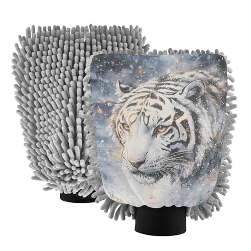 ALAZA White Tiger Car Wash Mitt Scratch Free, 2 Pack Absorbent Microfiber/Chenille Washing & Drying Mitts, L