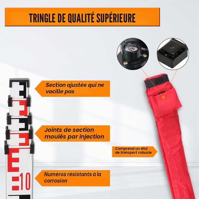 Barre de nivellement en aluminium de 1 mm d'épaisseur, impression E, avec sacs de transport et niveau de canne (5 m)