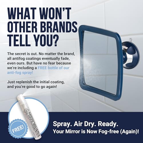 Image of MIRRORVANA Fogless Shower Mirror for Shaving with Upgraded Suction, Anti Fog Shatterproof Surface and 360 Swivel, 6.3 inch x 6.3 inch (Blue)