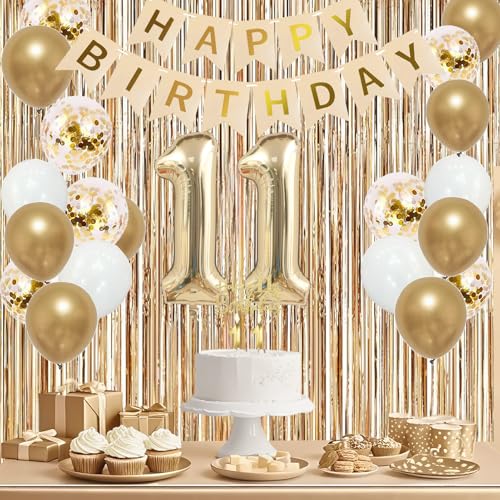 Image of Trgowaul 11th Birthday Decorations for Girls, Banner, Sash and Crown, Cake Topper, 11 Number Balloon, Fringe Curtains, Champagne Gold 11th Birthday Party Supplies