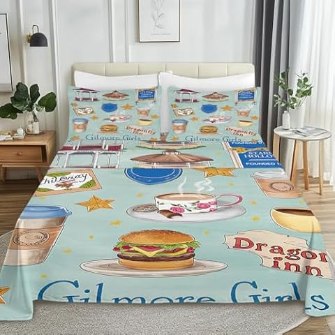 SOULZZZ Gilmore Girl Blue Twin Sheets Set Dragonfly Inn Bed Sheet with Deep Pocket, 4 Piece Halloween Christmas Bedding 1 Flat Sheet, 1 Fitted Sheet and 2 Pillowcases Cover