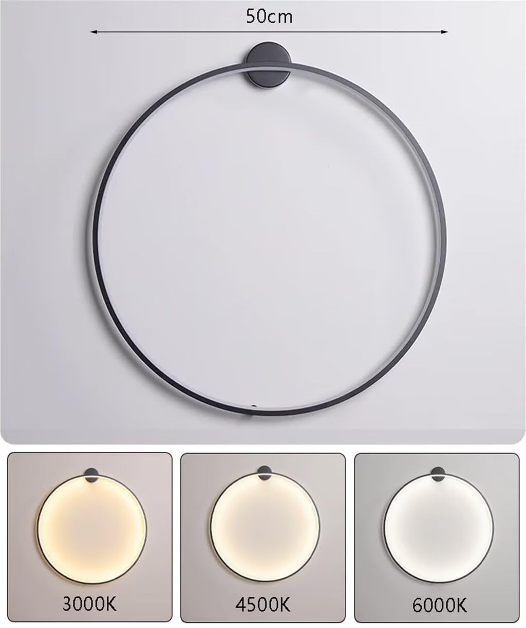 Applique da Parete Interno LED, 50cm Nero Minimalista Cerchio Lampada da Muro per Soggiorno Dimmerabile Anello Luce Parete Illuminazione Indiretta Cablata, per Ufficio, Camera da Letto