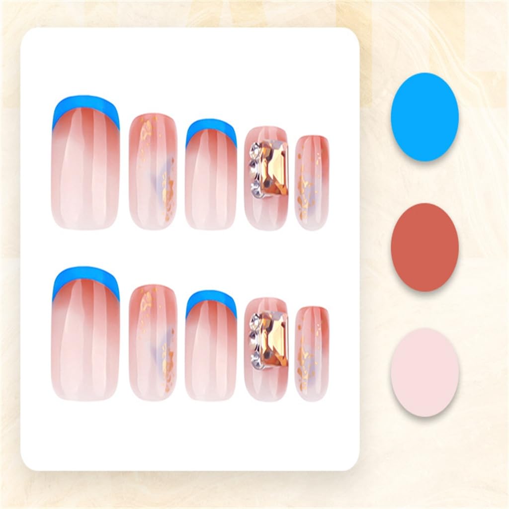 30 Pcs Blue French Tip Acrylic Nails Short False Nails Rhinestones Stick on Nails Glittering