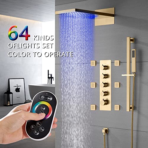Cascada 9"x22” Modern LED shower system (Wall Mounted) with built-in Bluetooth Speakers, 4 function (Rain, Waterfall, body jets & Hand Shower) & 64 Color LED Lights (Brushed Gold) miniatura 2