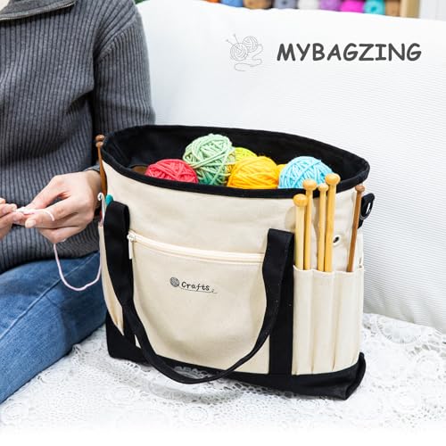 Image of MYBAGZING Canvas Yarn Storage Organizer Bag Washable Crochet Bag with Pockets for Yarn, Hooks, Needles - Travel Knitting Tote for Crafters - Gift for Crocheters & Knitters (Medium /Large)