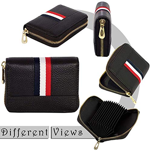 Image of HIGH TRUSTED Smart 12 Card Slots Leather Credit Card Holder, Small Zipper Card Case Wallet for Women & Men (Black)