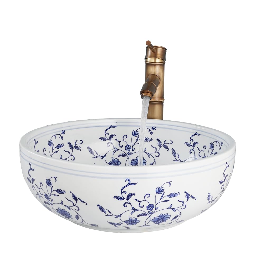 Fregadero de baño de 16 pulgadas, fregadero de cerámica azul y blanco, con grifo y drenaje, fregaderos combinados para tocador de baño sobre mostrador 6