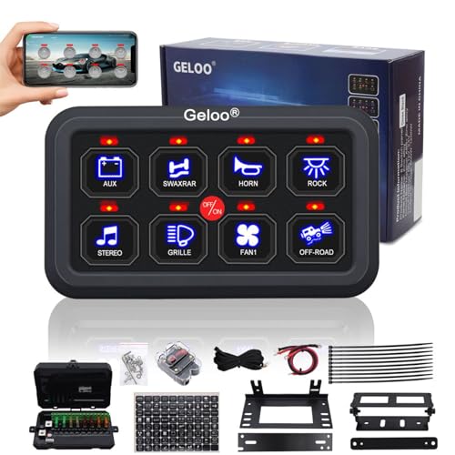 Geloo 8-biegowy zestaw panelowych przełączników, uniwersalny 12 V/24 V Circuit Control Relais System Touch Switch Box, panel sterowania RGB, siedem kolorów, możliwość ściemniania, z aplikacją On-Off
