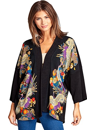 RENEEC. Women's Open Front Floral Print Wide Sleeve Kimono Cardigan- Made in USA (Large, Black)