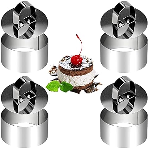 TEESIN Round Cooking Ring Set, Stainless Steel Mousse Rings Cake Mold Baking Ring Mold with Pusher for Cooking Crumpets Eggs Pastry Mousse Desserts, 8cm Diameter, Set of 4 Cover
