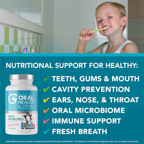 Image of Oral Probiotics for Mouth Bad Breath Treatment for Kids Dental Care & Cavity Prevention with BLIS K12 M18 - Dr Formulated Dental Probiotics for Teeth and Gums, 30 Chewable Tablets Strawberry Vanilla