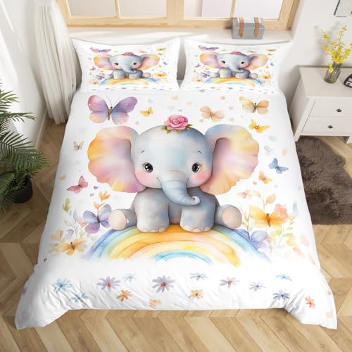 Erosebridal Kids Cartoon Elephant Comforter Cover Toddler Size,Kawaii Rainbow Rose Duvet Cover,Butterfly African Wild Animals Quilt Cover,Woodland Flower Floral Blossom Bedspread Cover(No Comforter)