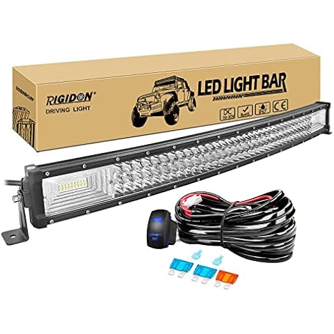 RIGIDON 32 inch 405W Curved Led Work Light Bar With 12V Wiring Harness Cable Kit, 7D Tri Row Driving Fog Lamp for Car Off road Truck SUV ATV 4x4 Boat, Flood Spot Combo Beam, Waterproof, 6000K White Cover