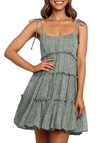 Dokotoo Womens Beach Boho Spaghetti Strap Cami Ruffled Sleeveless Short Dress Flower Floral Print Summer Skater Sun Dresses Casual Mini Dresses Green Large #TOP28