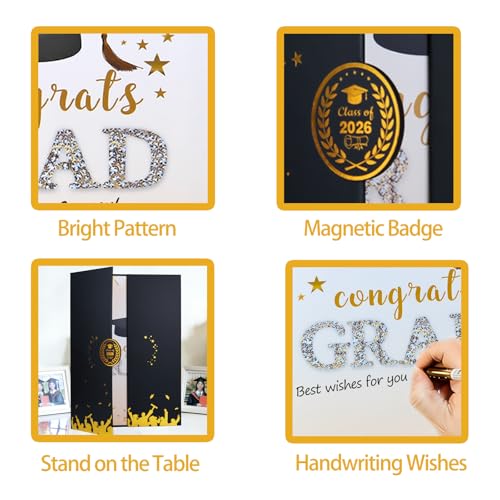 Image of Graduation Decorations Black and Gold - Graduation Alternative Signature Guest Book Board - Graduation Party Decorations 2026 for Middle High School College - Congrats Grad Signing Card Board