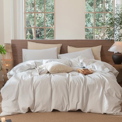 Image of MooMee Striped Duvet Cover Set 100% Washed Cotton Linen Like Alaska King | Relaxed Linen-like Texture. Soft, Breathable & Long-lasting Comfort. Lightweight. Hidden Zipper with 8 Interior Corner Ties