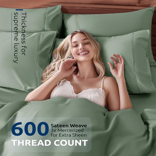 Shilucheng 100% Cotton Queen Size Duvet Covers - 600 Thread Count, Luxury Sateen Weave Egyptian Cotton Comforter Cover with Zipper Closure & Corner Ties,Hotel Bedding Duvet Covers 3 Piece (Sea Glass)